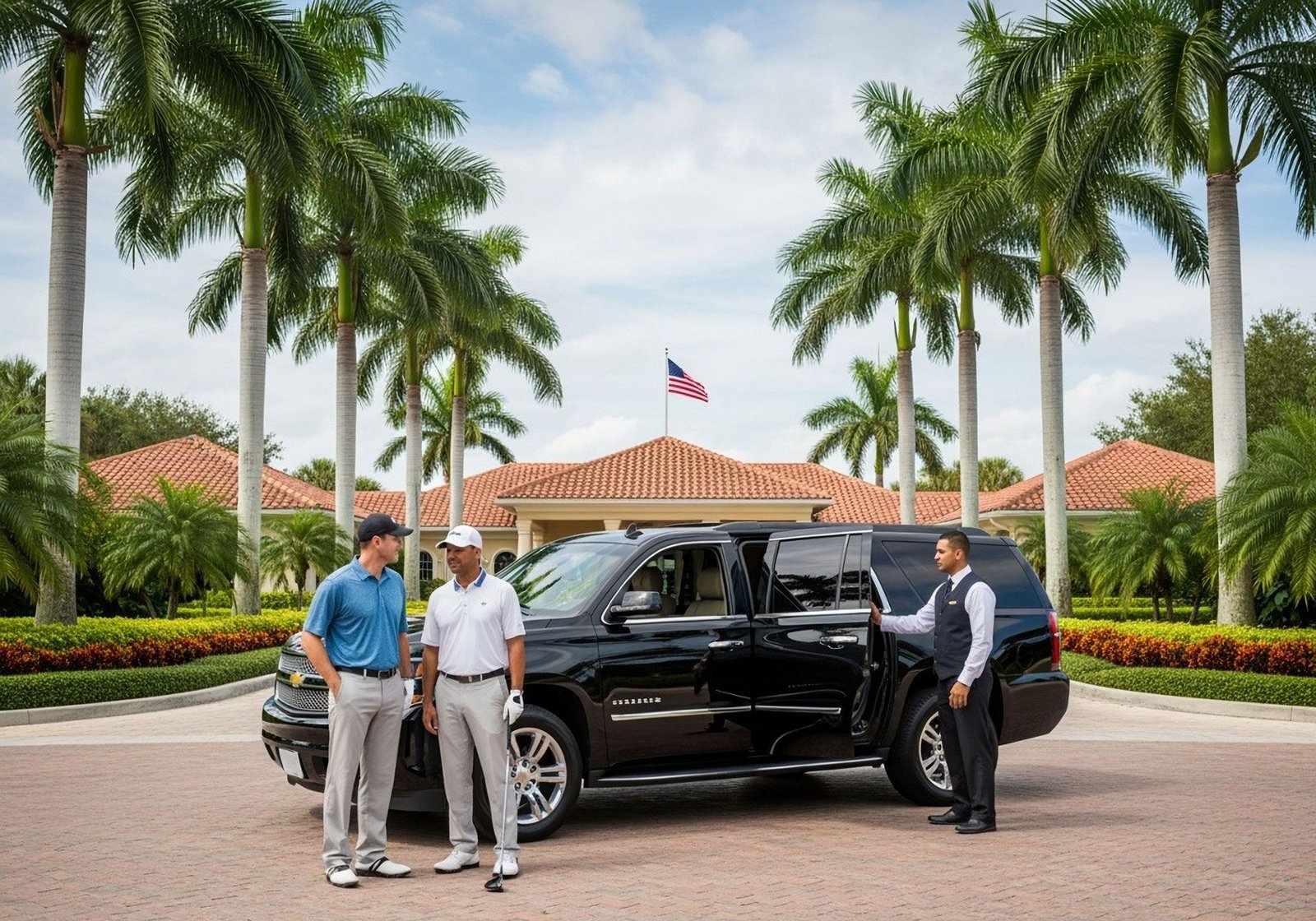 Golfers and a chauffeur beside a black SUV in front of a palm-lined clubhouse