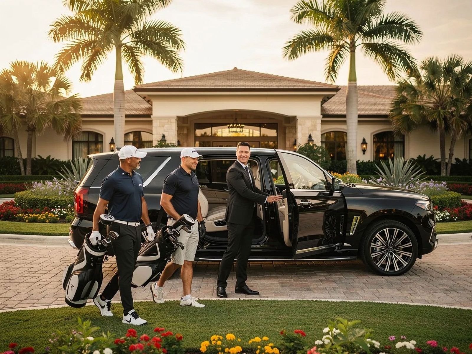 Golfers with bags arrive by a black luxury SUV as a chauffeur holds the door at a resort clubhouse